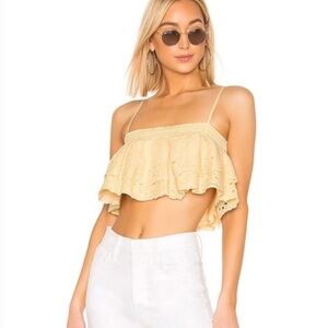 Tularosa Pale Yellow Eyelet Ruffle Crop Top